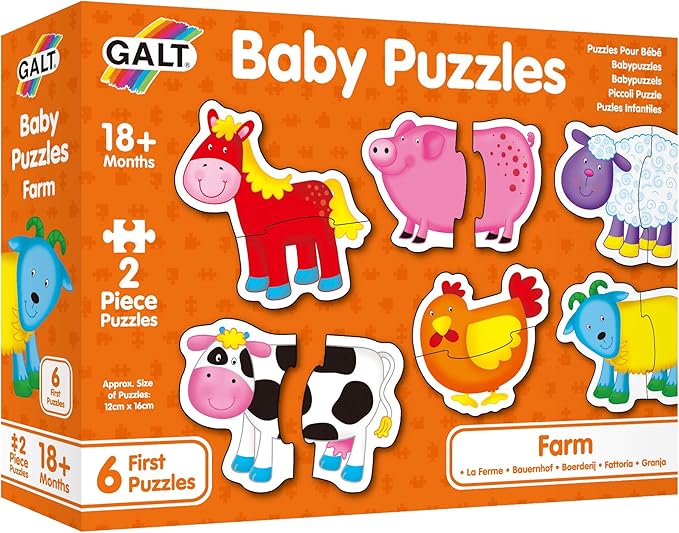 Galt Baby Puzzles packaging with farm animal illustrations on an orange background