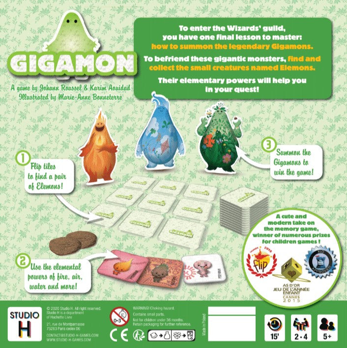 Gigamons memory game for kids age 5 and up. Studio H. Back of box