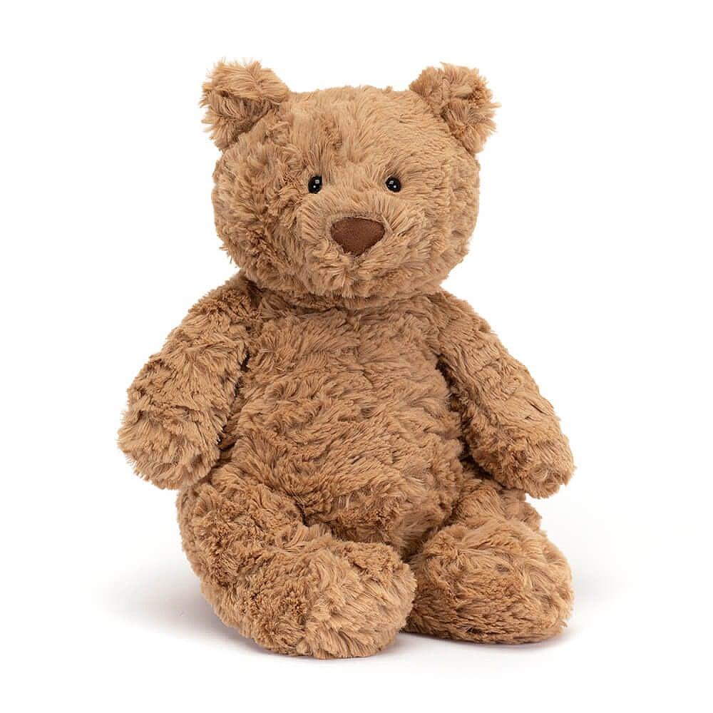 Squeezy, squashy and super cuddly, Bartholomew bear by Jellycat is a tubby little bear with the softest fur, and a little chocolate brown nose.