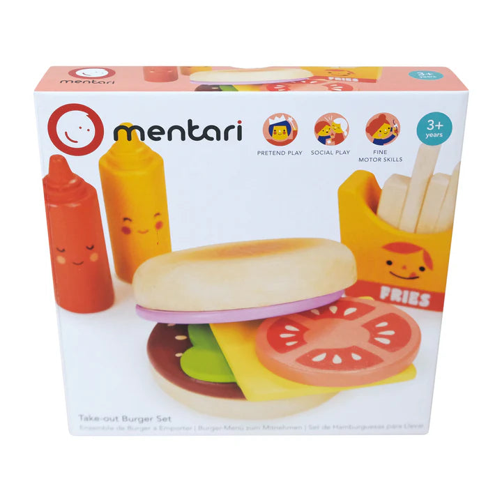 Mentari Mentari Take-out Burger Set. Box of a toy burger set with visible branding and product images.