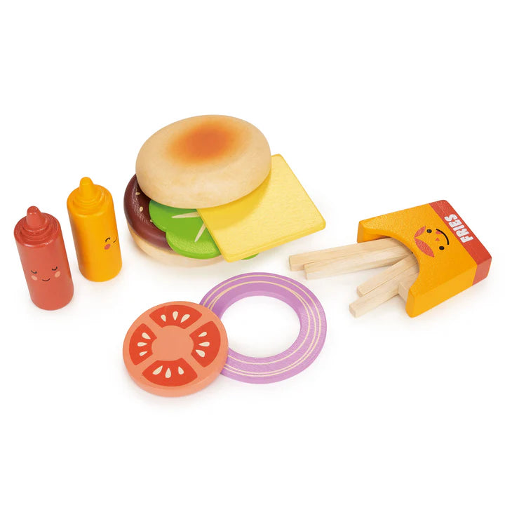 Mentari Mentari Take-out Burger Set. Toy hamburger set with buns, lettuce, tomato, cheese, and condiments on a white background