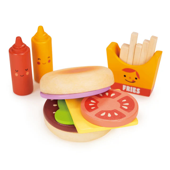 Mentari Mentari Take-out Burger Set. Wooden toy hamburger set with condiments and fries on a white background