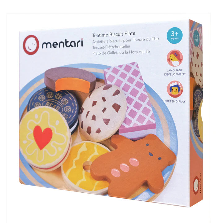 Mentari Tea Time Biscuit Plate. Mentari Teatime Biscuit Plate packaging with wooden cookies on a white background