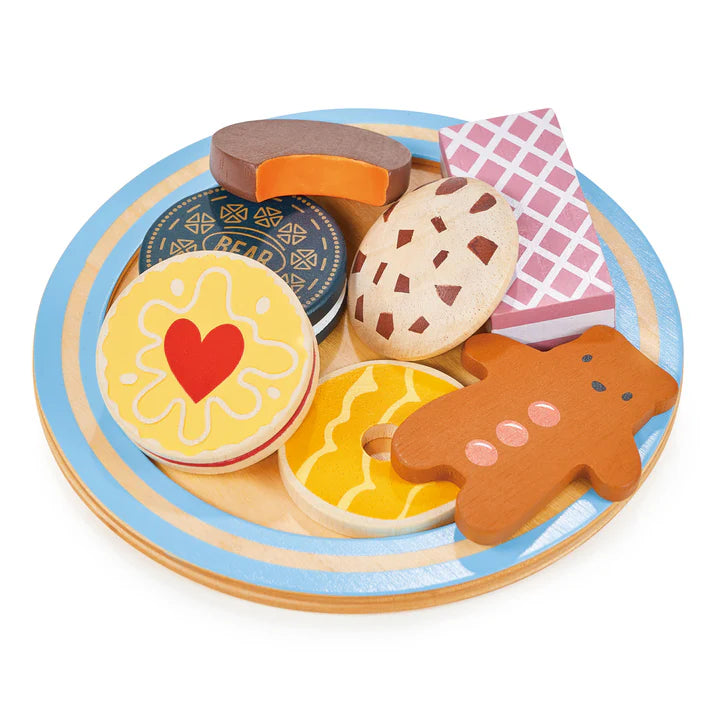 Mentari Tea Time Biscuit Plate - Set of wooden cookies on a plate with a white background