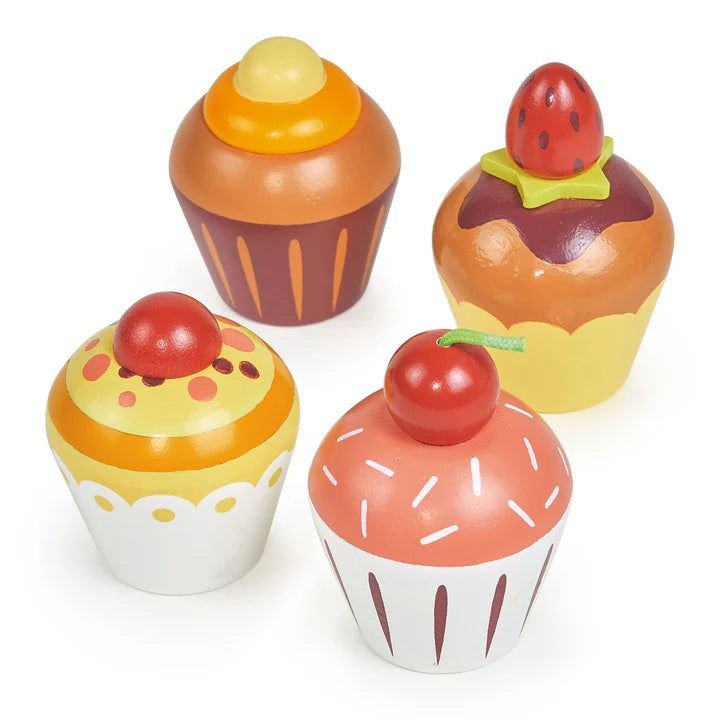 Mentari Tea Time Cupcake Set. Set of colorful toy cupcakes with cherry toppings on a white background