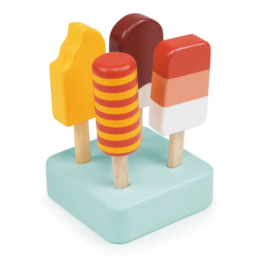 Mentari Sunny Ice Lollies. Colorful wooden ice cream toy set on a white background