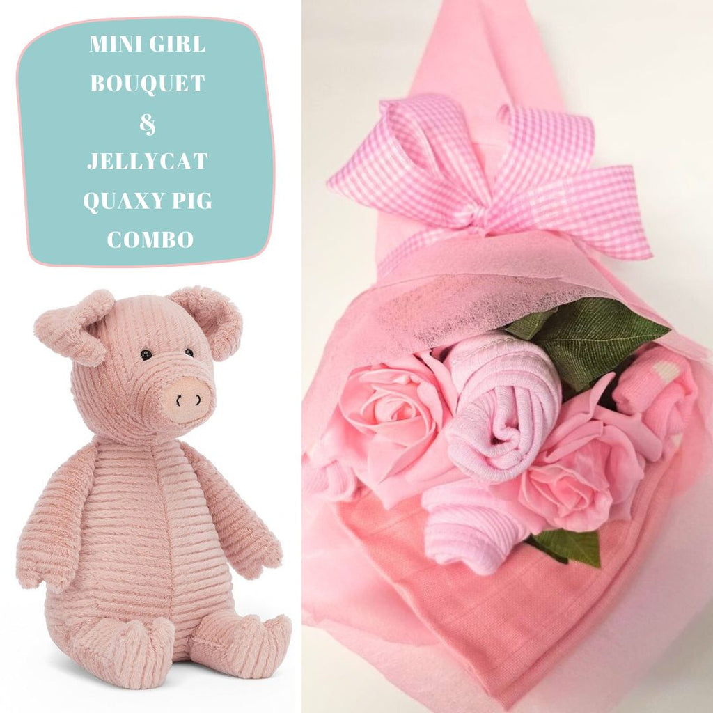 This gorgeous combines our handmade Mini Baby Girl Clothes Bouquet with the softest Jellycat Quaxy Pig. Sold by Say It Baby Gifts