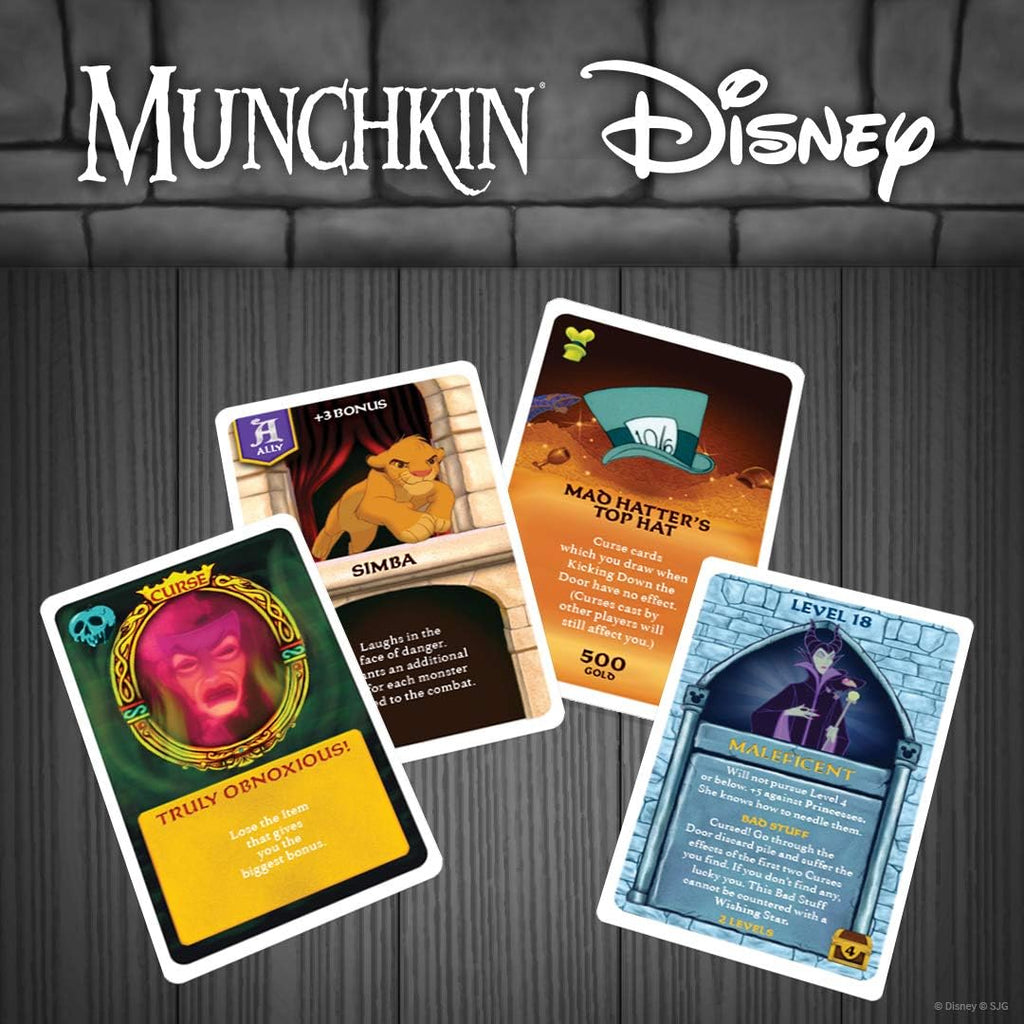 Munchkin Disney Card Game - cards including simba and mad hatters