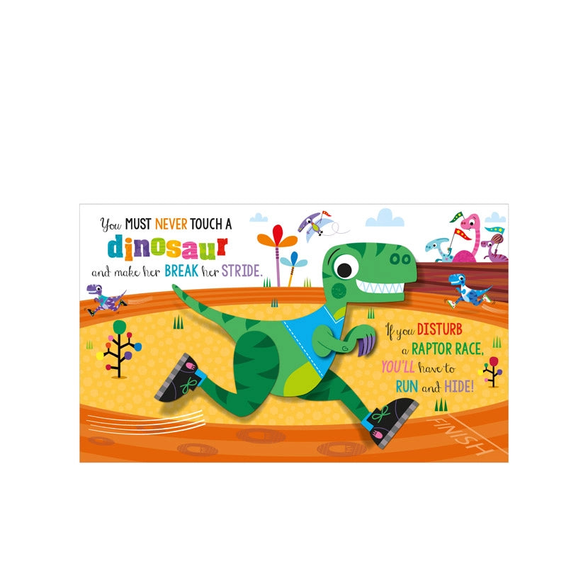 Never Touch A Pop-Up Dinosaur Book - Children's book cover with a dinosaur running on an orange background