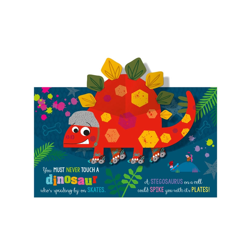 Never Touch A Pop-Up Dinosaur Book - Children's book cover with a colorful dinosaur illustration on a blue background