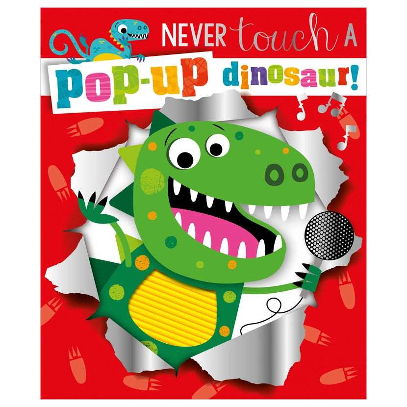 Never Touch A Pop-Up Dinosaur Book Book cover of 'Never Touch a Pop-up Dinosaur!' with a green dinosaur and red background