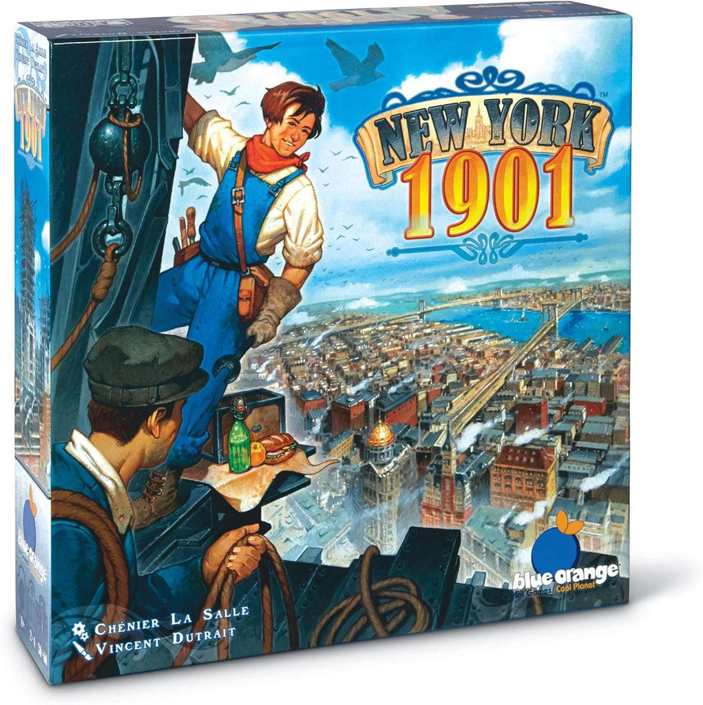 New York 1901. Board game box for 'New York 1901' by Blue Orange Games with illustrations of people and a cityscape.