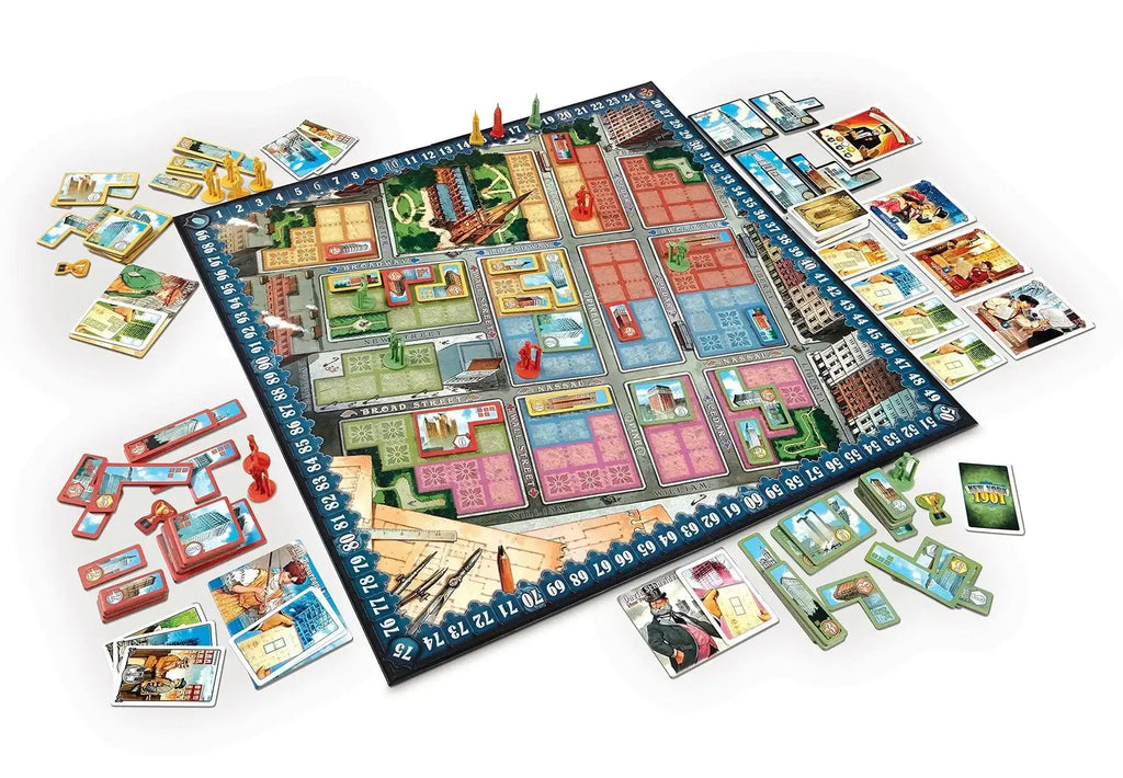New York 1901. Board game with colorful tiles and cards on a white background