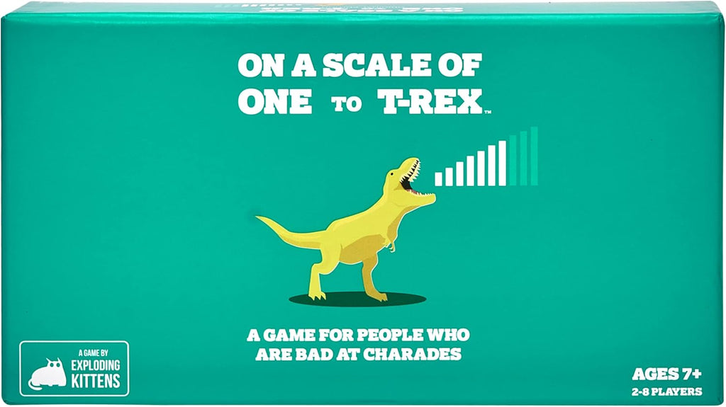 Teal box with a yellow dinosaur illustration and text about a game for charades. On a Scale of One to T-Rex Card Game