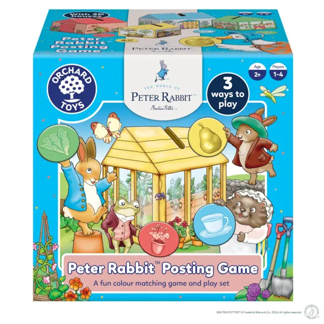 Orchard Toys Peter Rabbit Posting Game packaging with colorful illustrations of characters and activities.