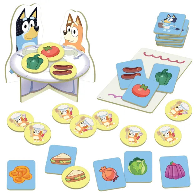 Bluey Fancy Restaurant Game - recreate the fun of Bluey's "Fancy Restaurant" episode with Bluey and Bingo! cardboard pieces including 3d bluey table