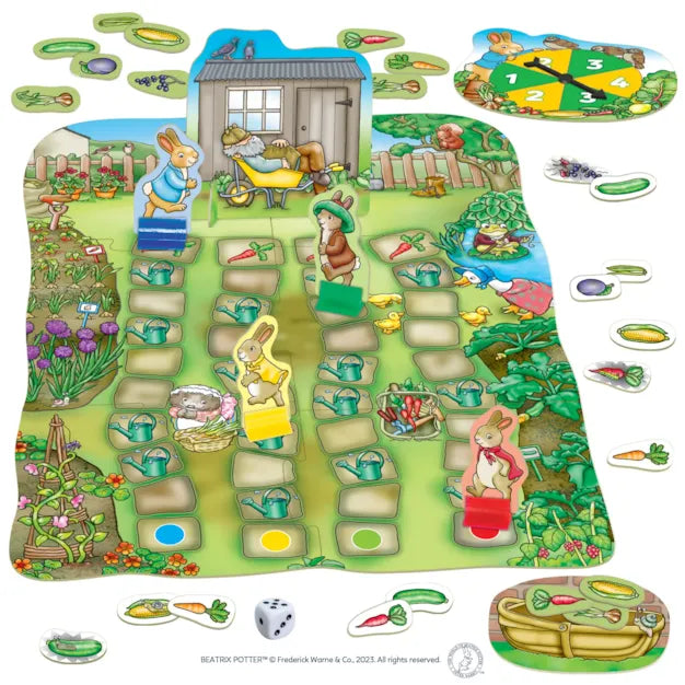 Orchard Toys Peter Rabbit Don't Wake Mr. McGregor Game. Children's board game with garden-themed pieces and characters