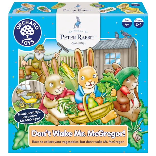 Orchard Toys Peter Rabbit game box with cartoon bunnies and text 'Don't Wake Mr. McGregor!'.
