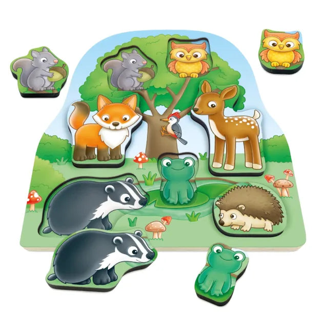 Orchard Toys Woodland Chunky Wooden Puzzle - featuring wooden animals. Colorful pieces.