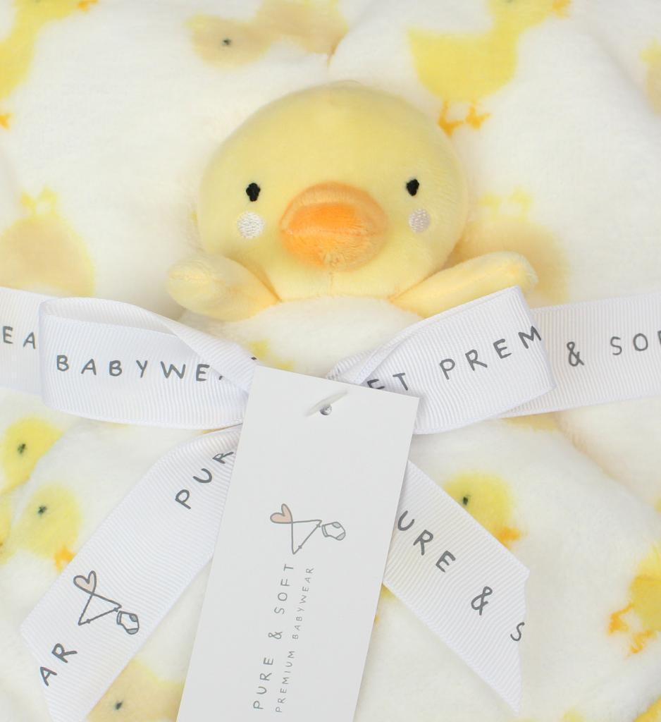 Baby Duck Blanket & Rattle Set - a super soft blanket with a sweet duck print and a matching duck rattle toy.