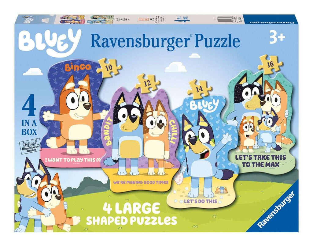 Ravensburger Bluey 4 in a Box Jigsaw Puzzle - a progressive jigsaw set featuring 10, 12, 14 and 16 piece puzzles.