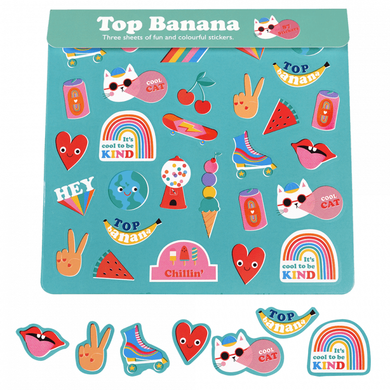 Rex London Top Banana Stickers - Three sheets of colourful stickers from the Top Banana collection including loveheart, cherry and rainbow designs.