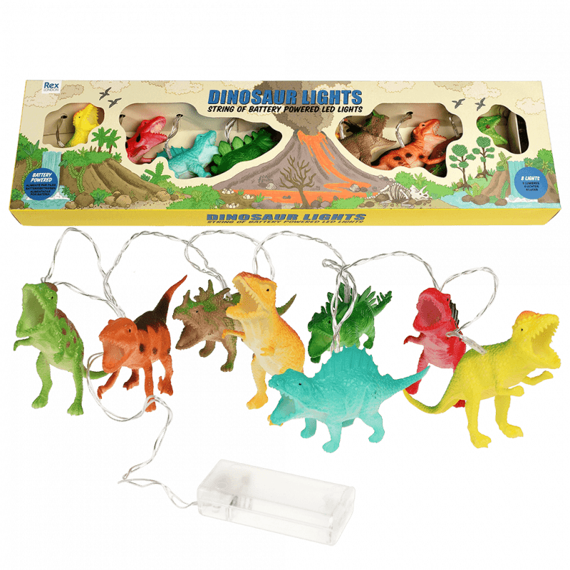 Rex London String of LED Dino Lights - these fab lights features eight colourful dinosaurs, perfect for turning any bedroom into a prehistoric land! Say It Baby Gifts
