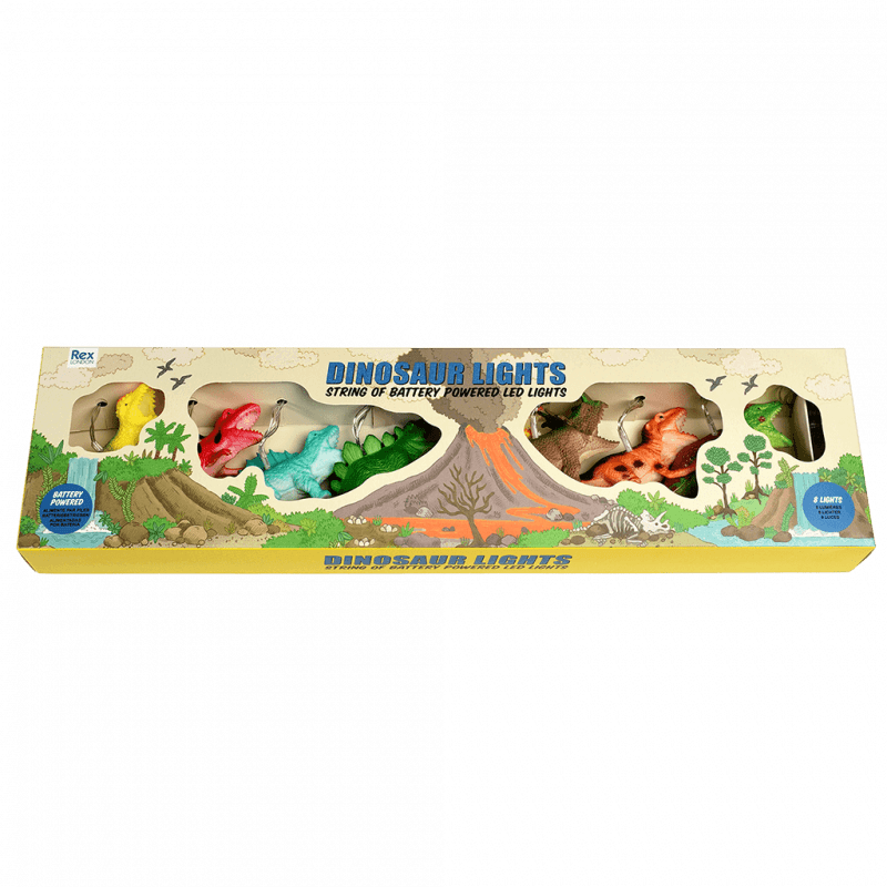 Rex London String of LED Dino Lights - these fab lights features eight colourful dinosaurs, perfect for turning any bedroom into a prehistoric land! Say It Baby Gifts