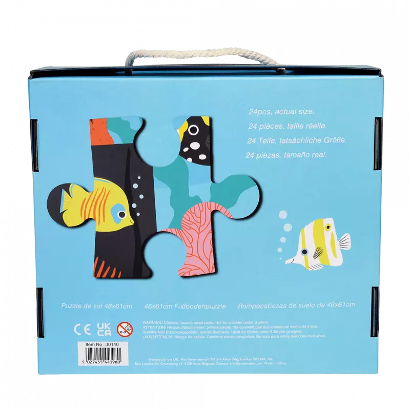 Puzzle packaging with colorful fish illustrations on a blue background
