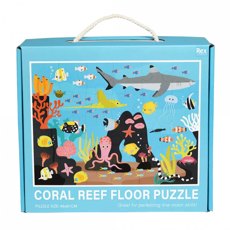 Coral reef floor puzzle packaging with illustrations of marine life on a blue background