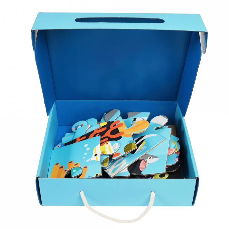 Blue box with a handle containing colorful fish-shaped toys on a white background