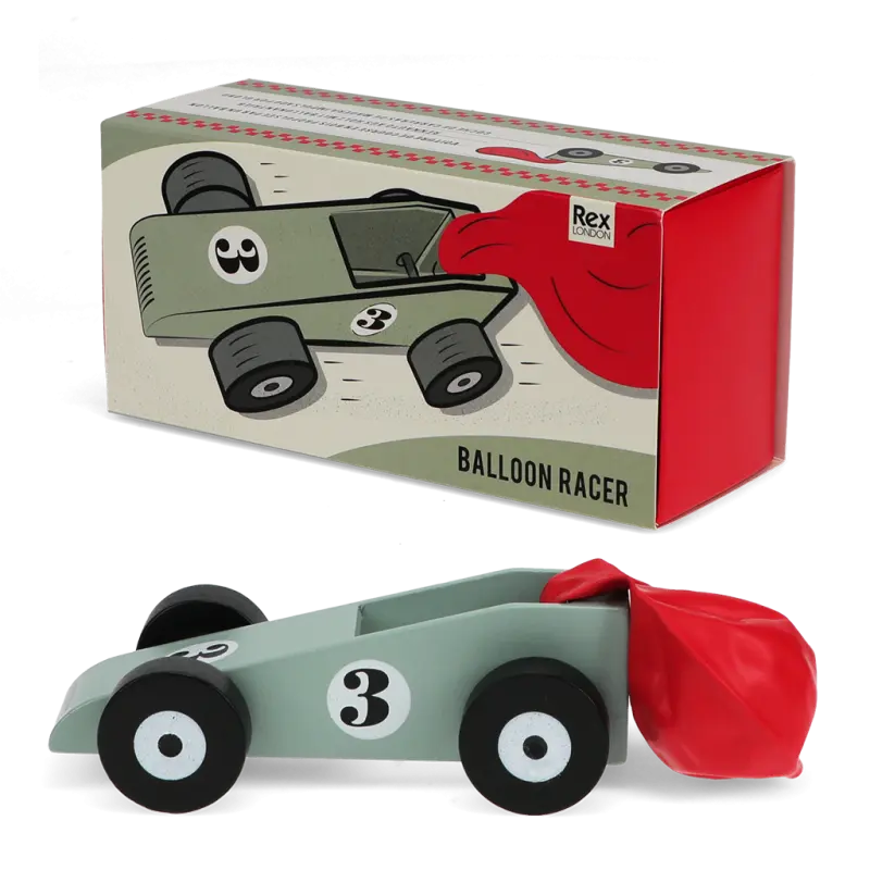 Rex London Wooden Balloon-Powered Racing Car. Toy balloon racer with packaging featuring a cartoon design.