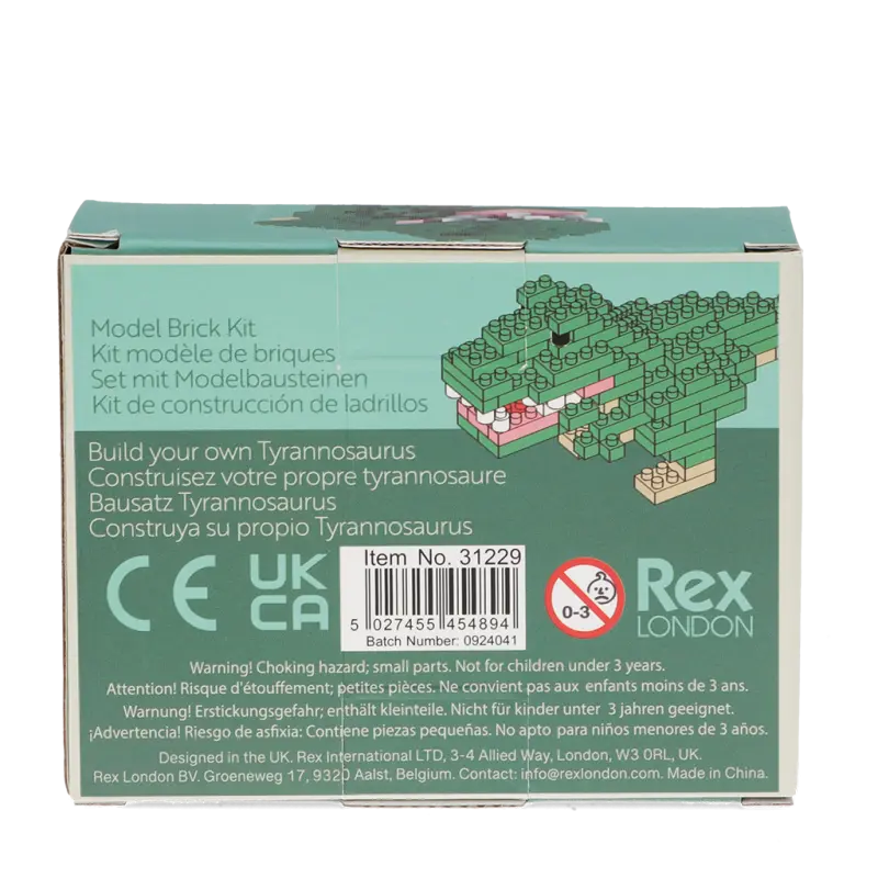 Build Your Own Mini T. Rex Dinosaur Brick Kit. Box for a model brick kit featuring a dinosaur design on a white background