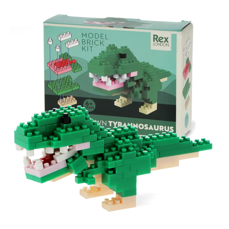 Build Your Own Mini T. Rex Dinosaur Brick Kit. Model brick kit of a Tyrannosaurus Rex in front of its packaging