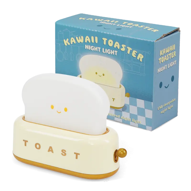 Rex London USB Rechargeable Dimmable Night Light - Kawaii Toaster. Kawaii toaster night light with packaging on a white background