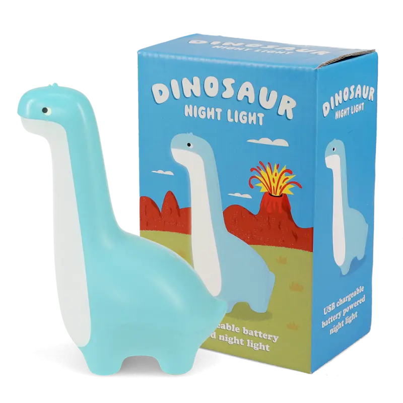 Rex London USB Rechargeable Dimmable Night Light - Dinosaur. Dinosaur night light with blue body and white neck, next to its packaging box on a white background.