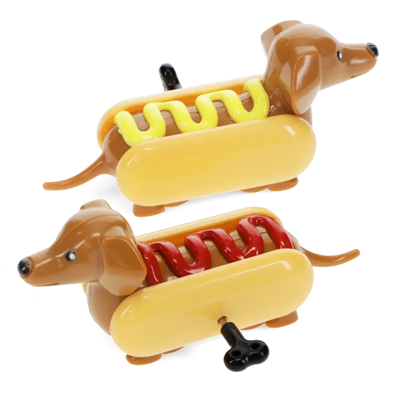 Rex London Hot Dog Wind-up Racers (Set of 2). Two toy hot dogs with mustard and ketchup on a white background