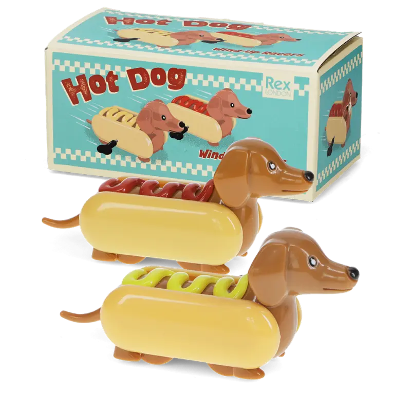Rex London Hot Dog Wind-up Racers (Set of 2). Hot dog-shaped toy with a box featuring similar toys on a white background