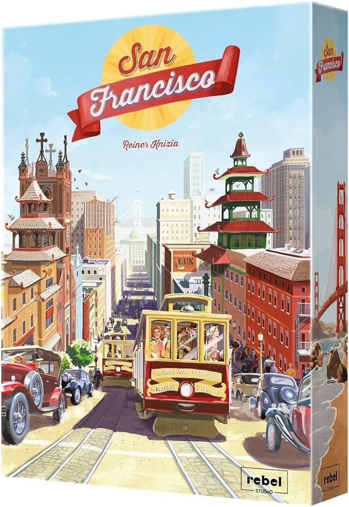 Board game box for 'San Francisco' by Rebel Games with illustrated cityscape and tram.