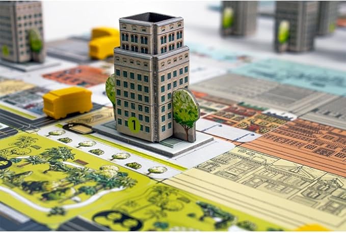 Board game piece resembling a building on a game board with cards and other pieces. San Francisco Board Game - Build the City of the Future!