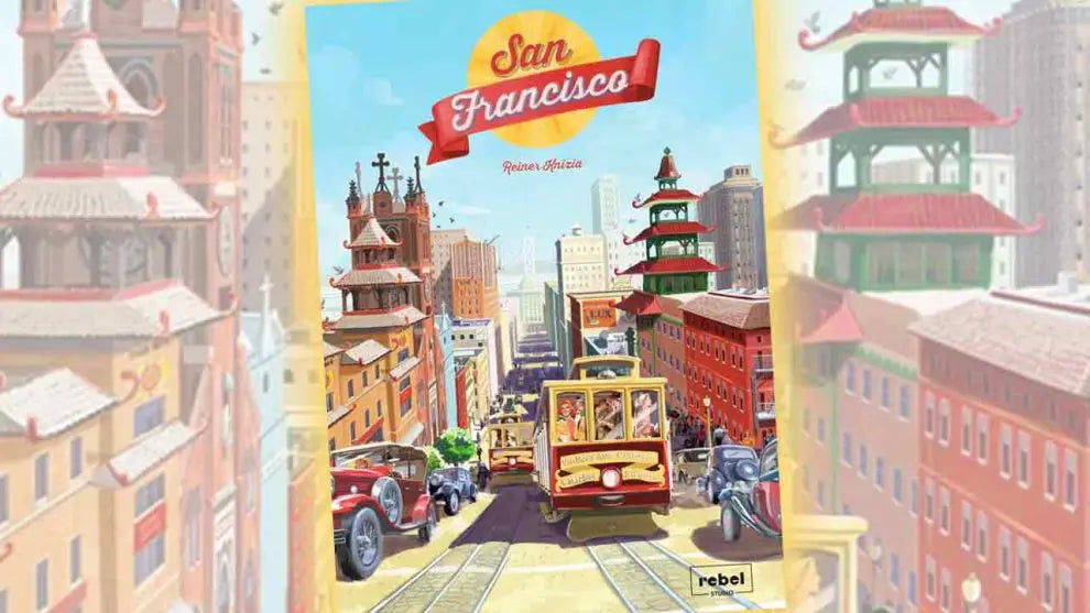 Illustrated cityscape of San Francisco with vintage cars and a trolley. San Francisco Board Game - Build the City of the Future!