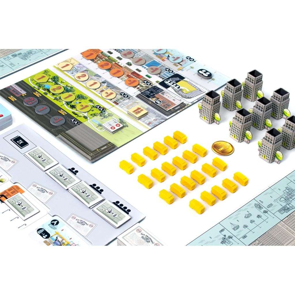 Board game components including cards, tokens, and buildings on a white background. San Francisco Board Game