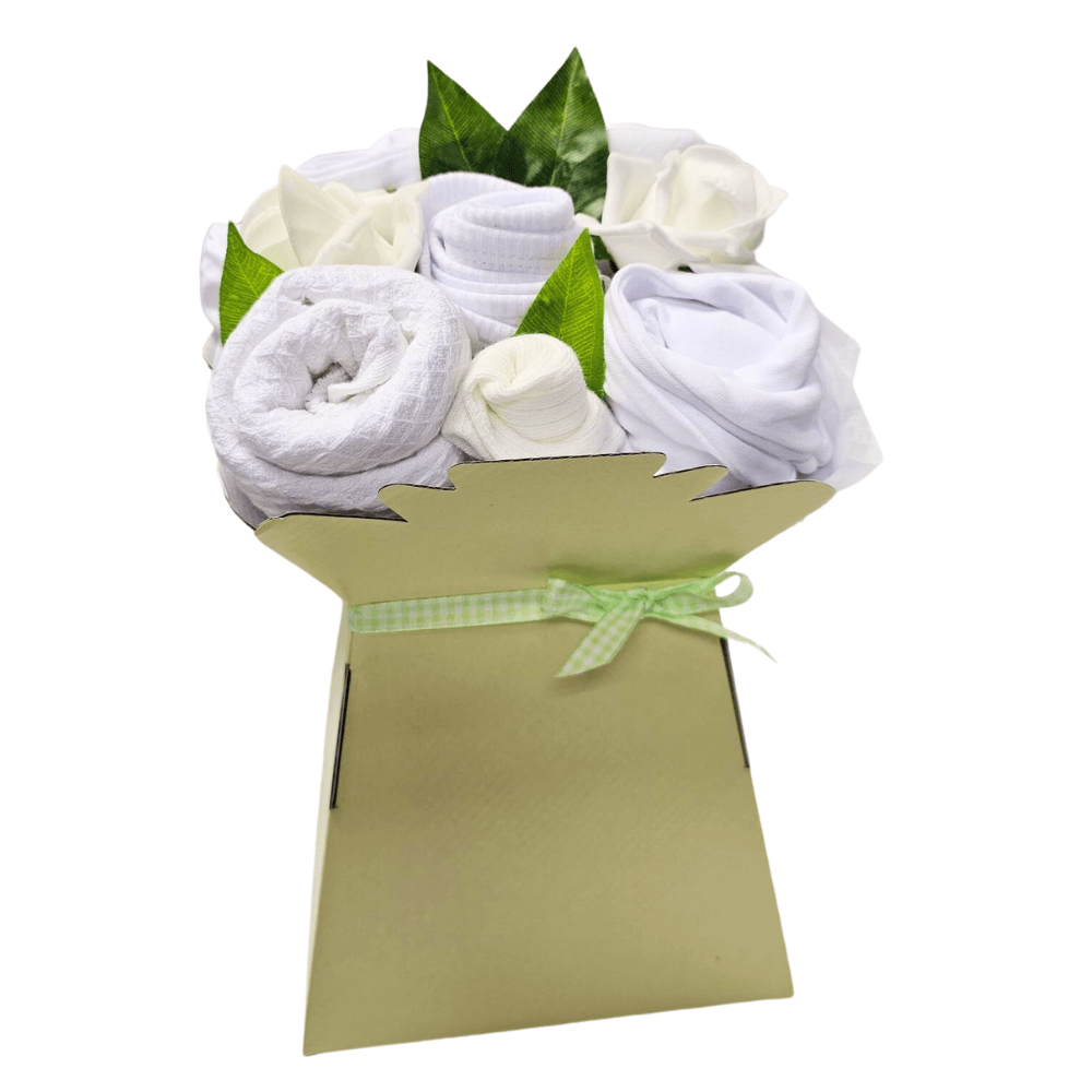 Say It Baby - Unisex Baby Clothes Bouquet. Send new baby wishes with this lovely baby bouquet arrangement in white and cream.