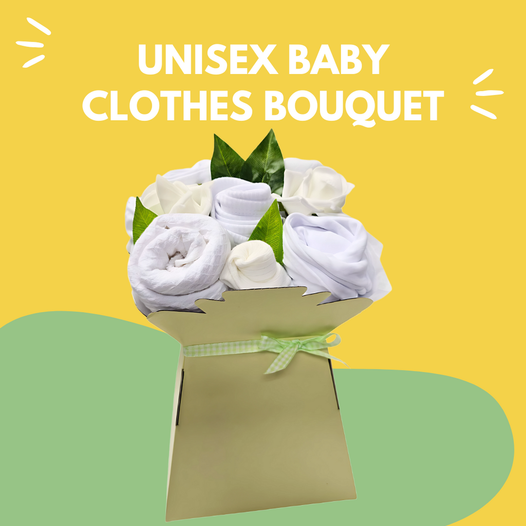 Say It Baby - Unisex Baby Clothes Bouquet. Colourful background