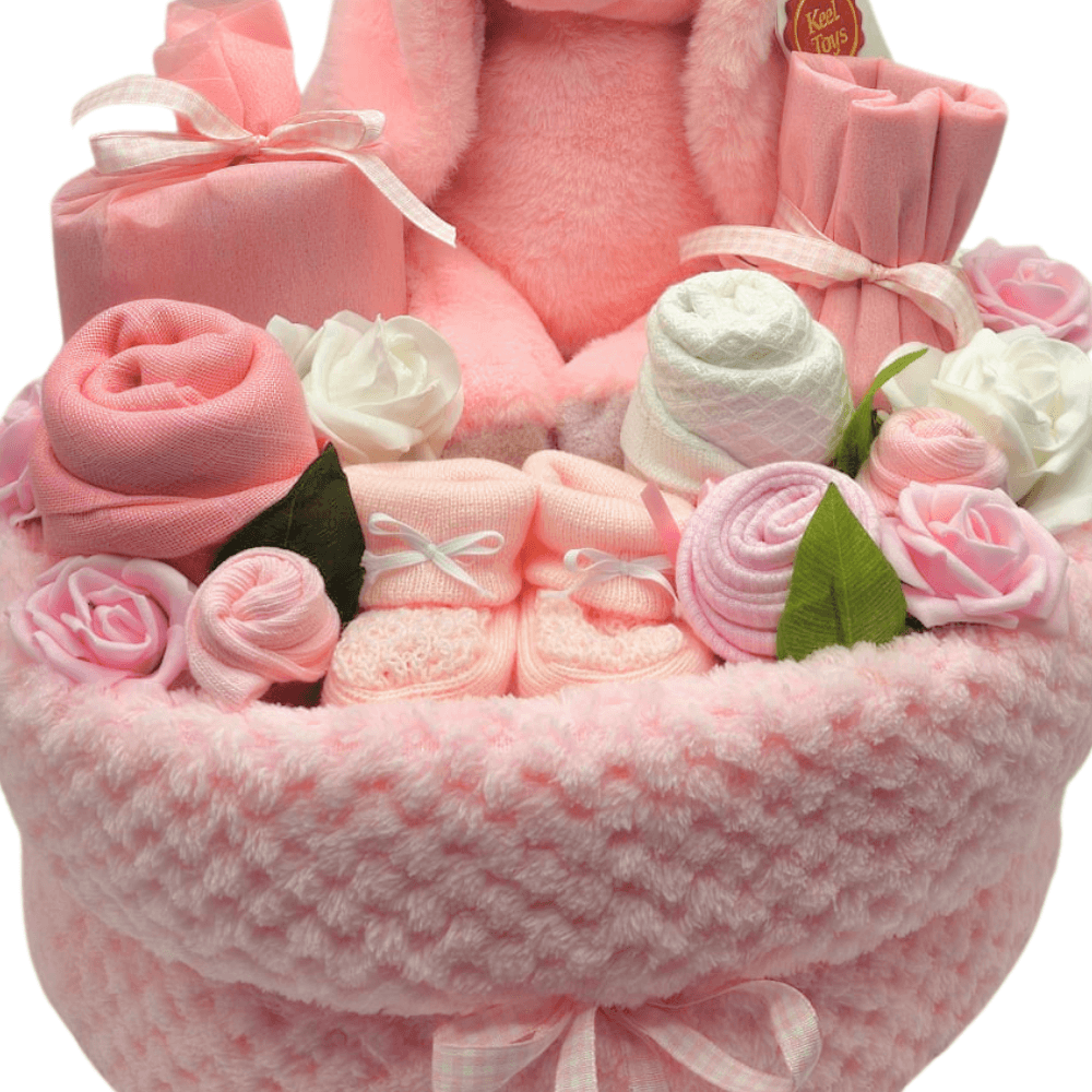 Baby Girl Nappy Cake Bouquet Arrangement - a gorgeous gift bouquet to welcome a new baby girl! Say It Baby Gifts - closeup