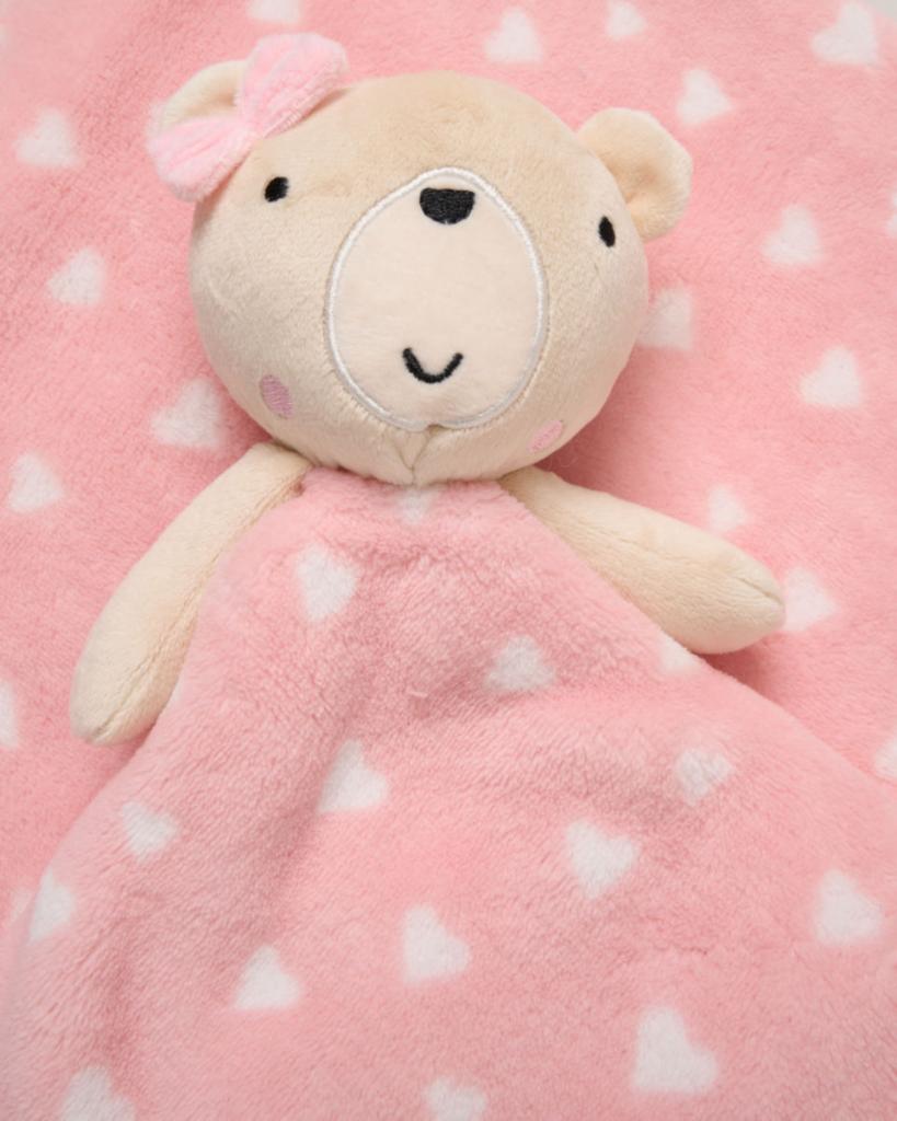 Pink Bear New Baby Gift Bundle - a gorgeous gift set containing beautiful matching items including a sweet bear comforter, blanket, muslin square and lotion.
