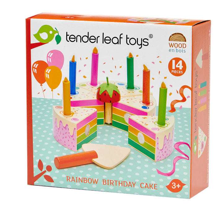 Tender Leaf Rainbow Birthday Cake. Box of Tender Leaf Toys Rainbow Birthday Cake toy set on a white background