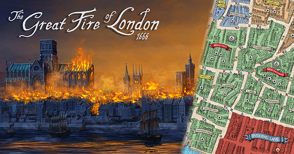 Board game cover for 'The Great Fire of London' with a map and cityscape illustration.