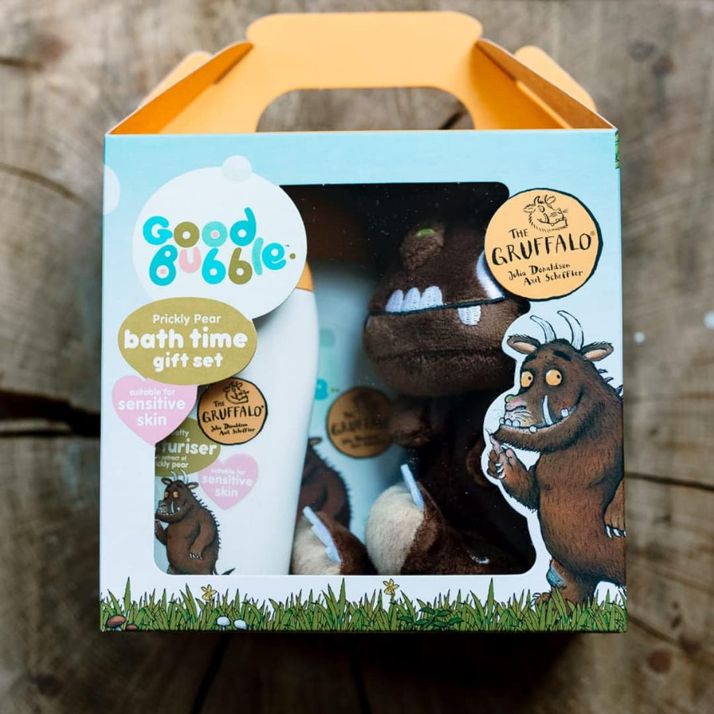 Good Bubble Gruffalo Bath Time Gift Set&nbsp; - a gorgeous gift set featuring Gruffalo Hair &amp; Body Wash, Little Softy Moisturiser and a sweet Gruffalo soft toy - all packaged in a fun gift box.&nbsp;
