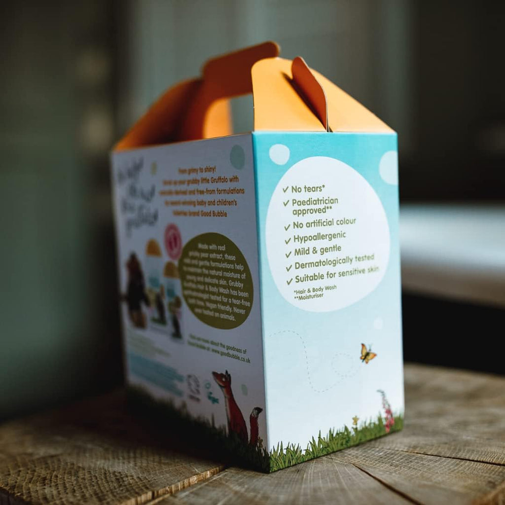 Good Bubble Gruffalo Bath Time Gift Set&nbsp; - a gorgeous gift set featuring Gruffalo Hair &amp; Body Wash, Little Softy Moisturiser and a sweet Gruffalo soft toy - all packaged in a fun gift box.&nbsp;